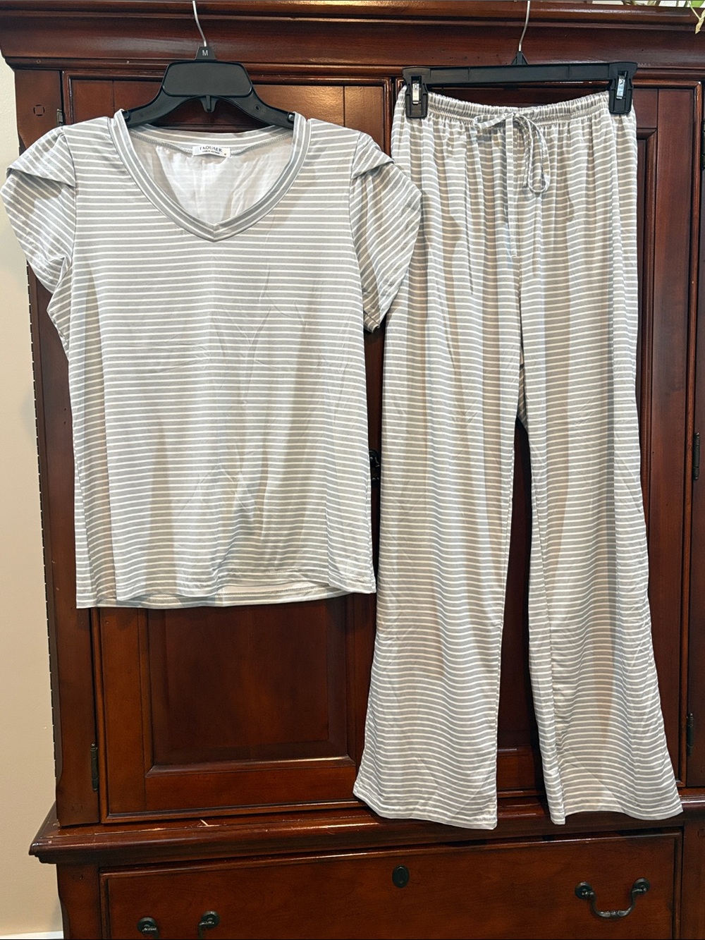 Striped V-Neck Pajama Set in Gray & White - Women's Sleepwear